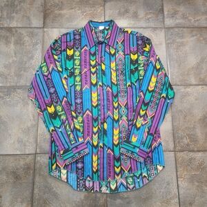 Vintage 90s Men's 35x16 Large Western Cowboy Aztec Colorful Button Up Shirt